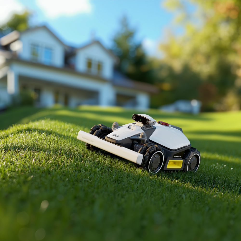 Mähroboter auf gestreiftem Rasen